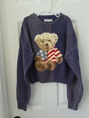 Grayson Threads Navy Teddy Sweater with Red, White & Blue Accent, Damaged